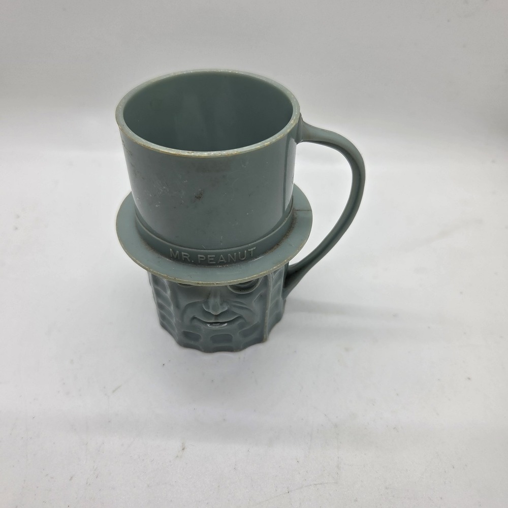 Vintage Mr. Peanut Planters Plastic‎ Coffee Mug Cup Blue Gray Advertising Promo